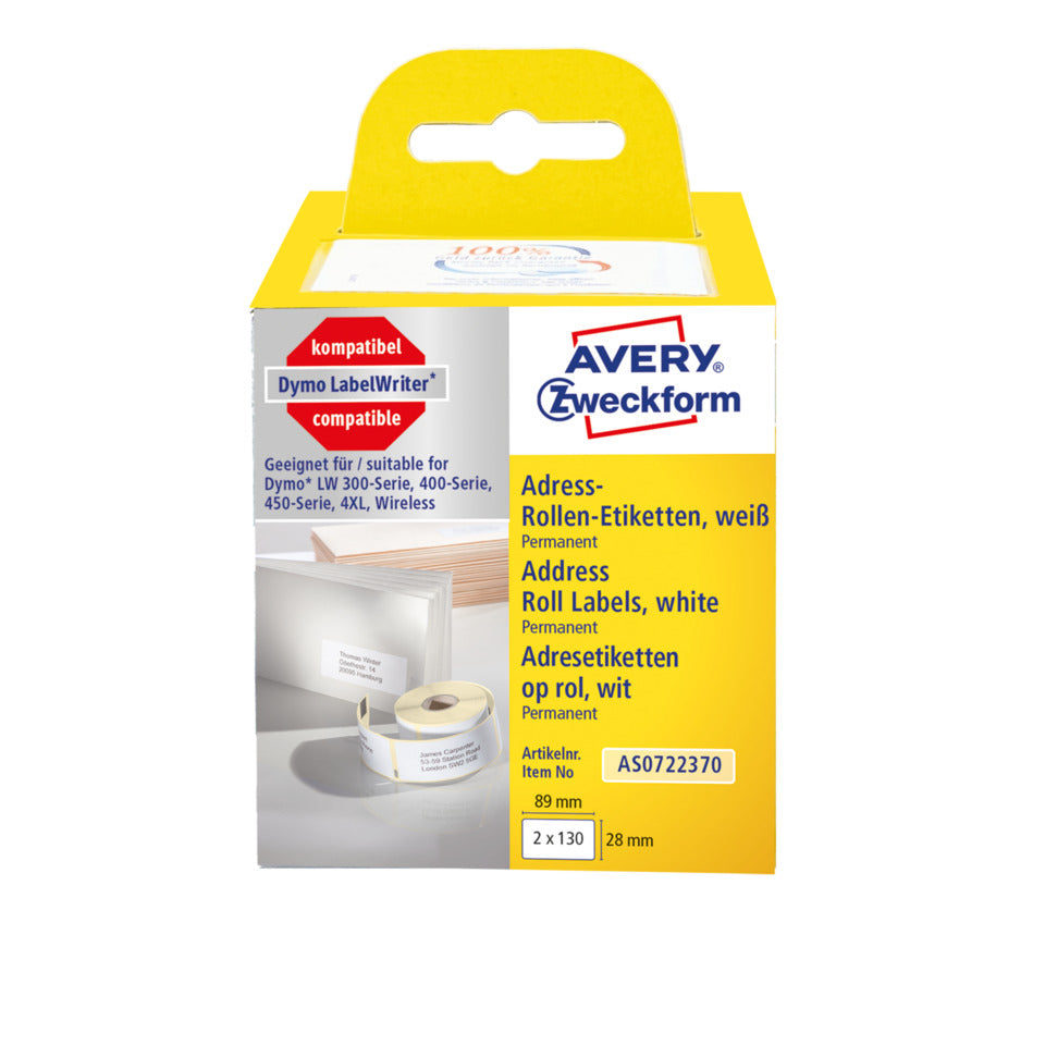 Rollen-Etiketten, 28x89mm, 260 Stück, weiß AVERY ZWECKFORM AS0722370 ZWECKFORM AS0722370 perman.