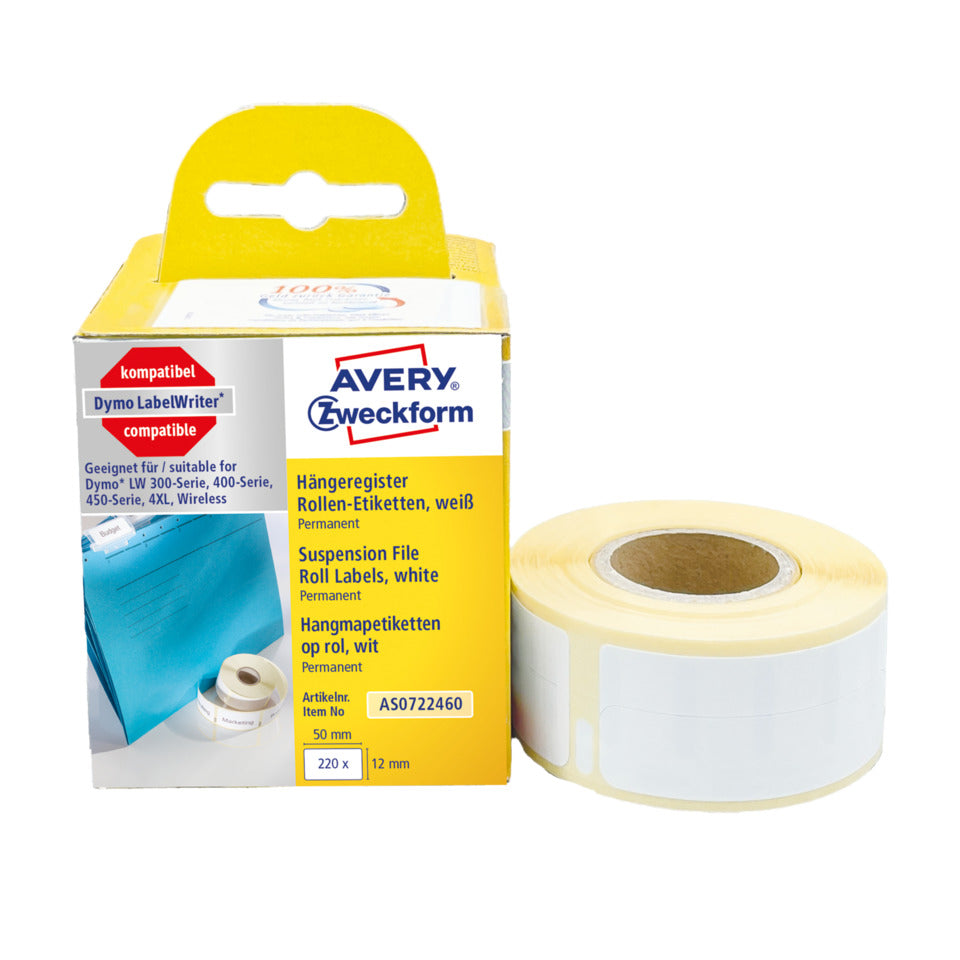 Rollen-Etiketten permanent, 12x50mm, 220 Stück, weiß AVERY ZWECKFORM AS0722460 ZWECKFORM AS0722460 permanent