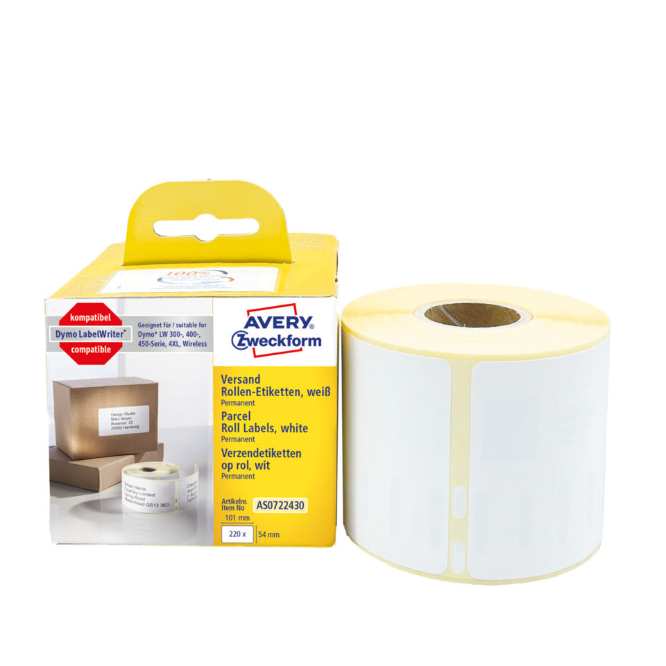 Rollen-Etiketten permanent, 54x70mm, 220 Stück, weiß AVERY ZWECKFORM AS0722430 AVERY ZWECKFORM AS0722430 permanent