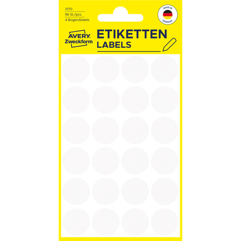 Markierungspunkte, Ø18mm, 96 Stück, weiß AVERY ZWECKFORM 3170 ZWECKFORM 3170 permanent haftend