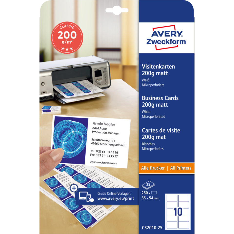 Visitenkarten Classic, 85x54mm, 200g/m², 250 Stück, weiß AVERY ZWECKFORM C32010-25 ZWECKFORM C32010 25 85x54mm 200g