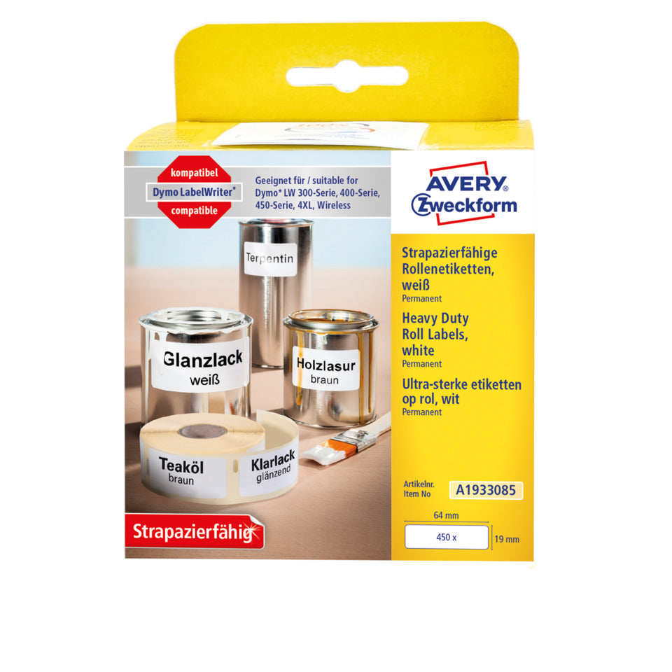 Rollen-Etiketten, 19x64mm, 450 Stück, weiß AVERY ZWECKFORM A1933085 AVERY ZWECKFORM A1933085 Folie