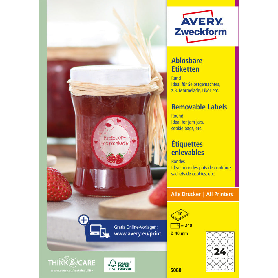 Runde Etiketten ablösbar, Ø40mm, 240 Stück, weiß AVERY ZWECKFORM 5080 ZWECKFORM 5080 ablösbar