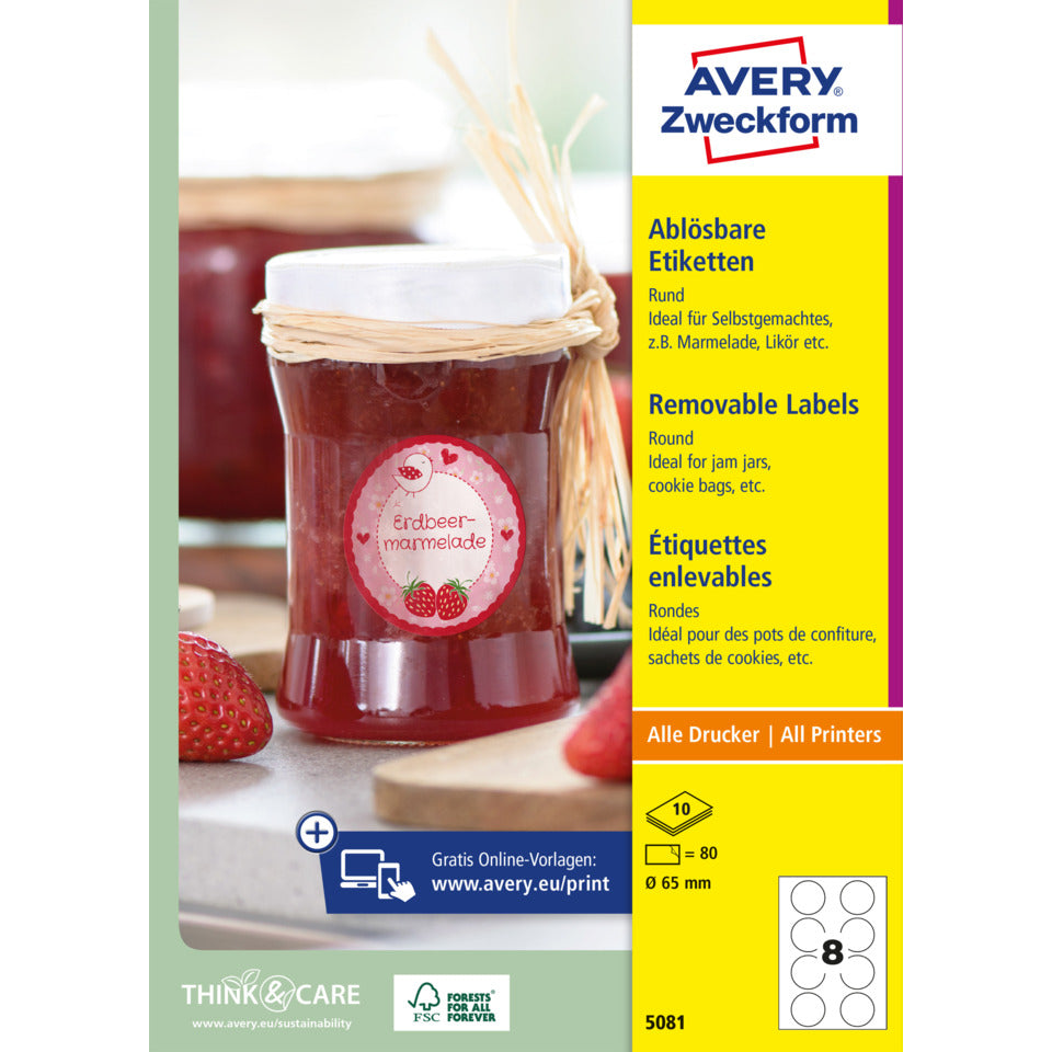 Runde Etiketten ablösbar, Ø65mm, 80 Stück, weiß AVERY ZWECKFORM 5081 ZWECKFORM 5081 ablösbar