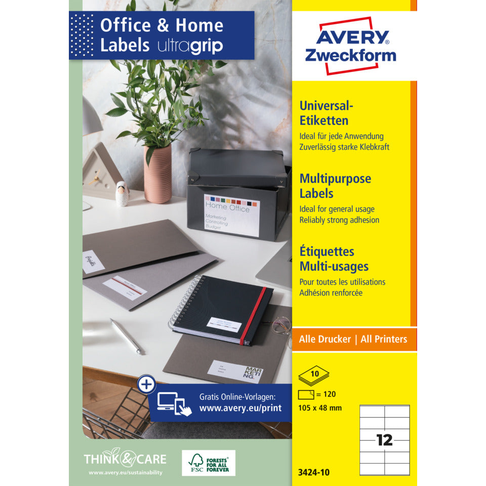 Universaletiketten, 105x48mm, 120 Stück, weiß AVERY ZWECKFORM 3424-10 AVERY ZWECKFORM 3424-10 10 Blatt