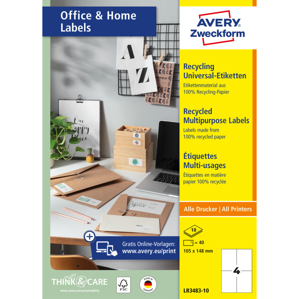 Universaletiketten, 105 x 148 mm, 40 Stück, naturweiß AVERY ZWECKFORM LR3483-10 AVERY ZWECKFORM LR3483-10 10 Blatt