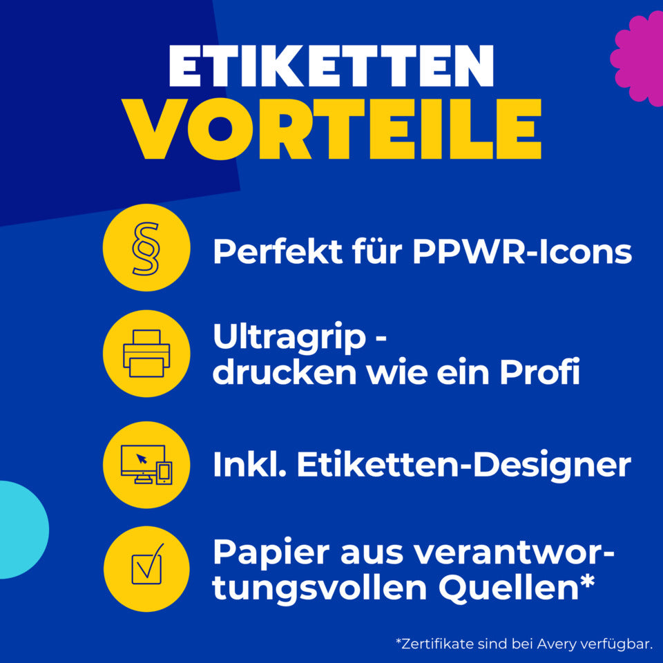 Universaletiketten, 15 x 15 mm, PPWR, permanent, Papier, 1.400 Stück, weiß AVERY ZWECKFORM L7130-10 AVERY ZWECKFORM L7130-10 permanent