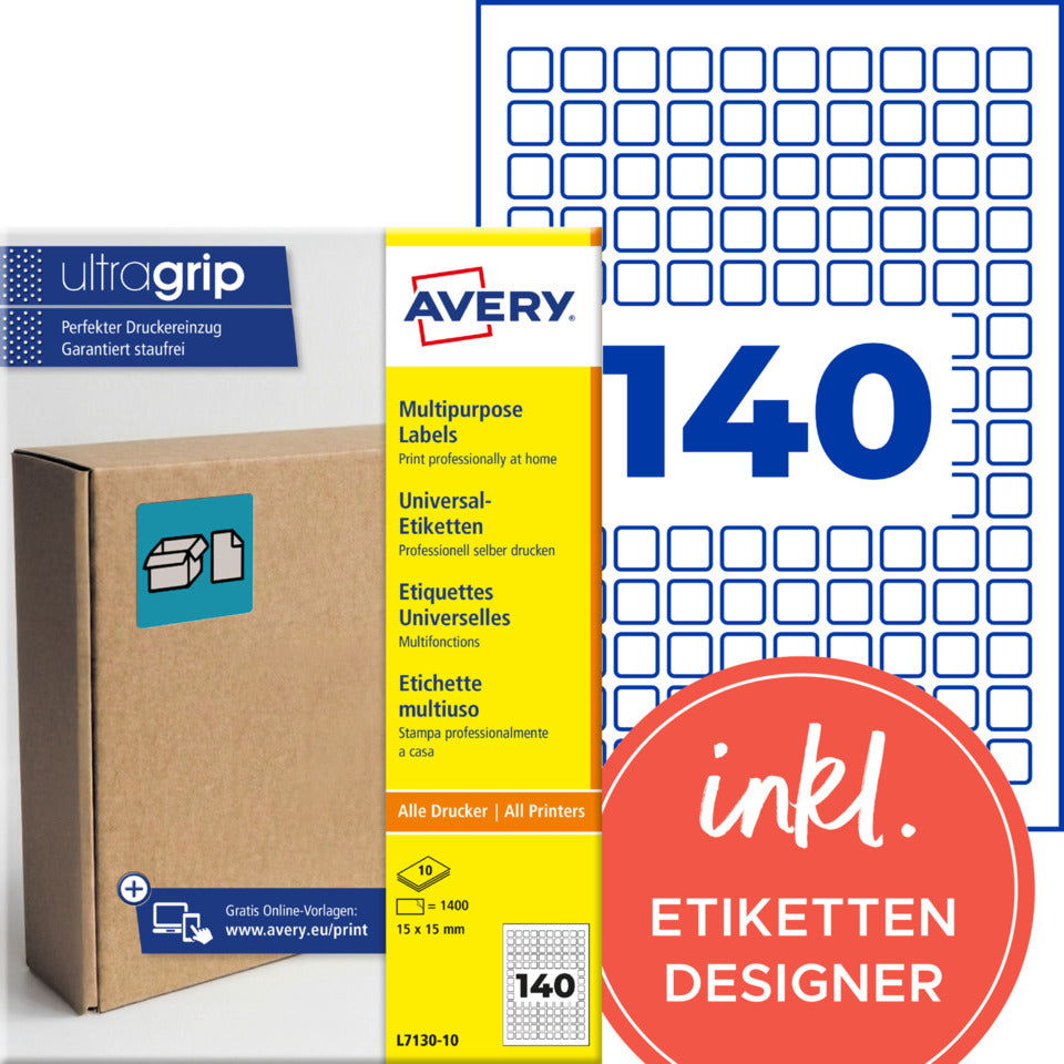 Universaletiketten, 15 x 15 mm, PPWR, permanent, Papier, 1.400 Stück, weiß AVERY ZWECKFORM L7130-10 AVERY ZWECKFORM L7130-10 permanent
