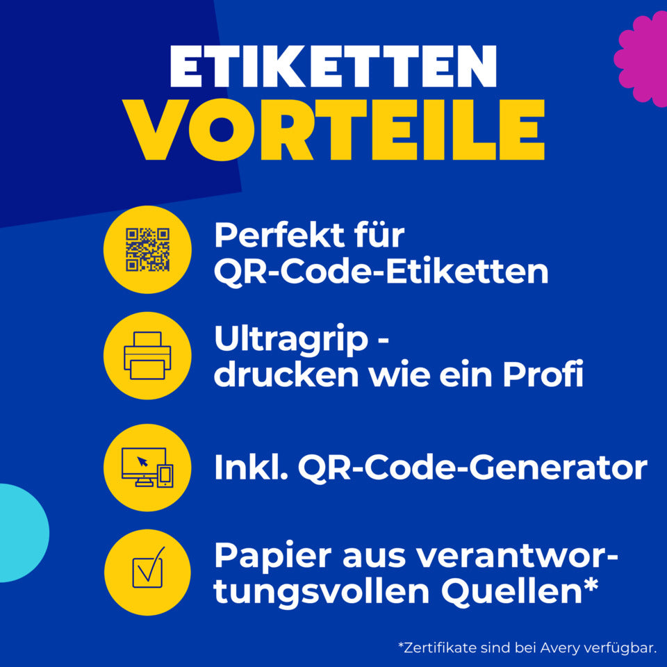 Universaletiketten für QR-Code, 50 x 30 mm, permanent, Papier, 900 Stück, weiß AVERY ZWECKFORM L7133-30 AVERY ZWECKFORM L7133-30 permanent