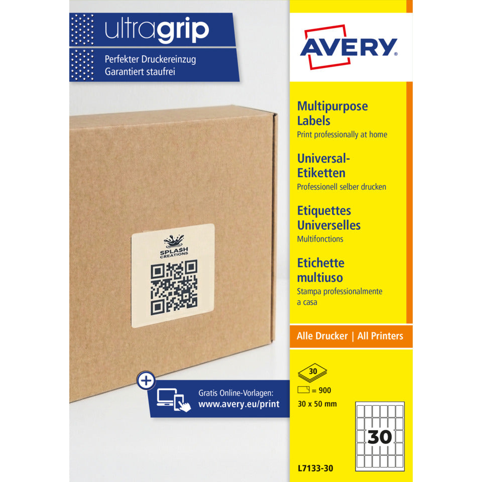 Universaletiketten für QR-Code, 50 x 30 mm, permanent, Papier, 900 Stück, weiß AVERY ZWECKFORM L7133-30 AVERY ZWECKFORM L7133-30 permanent