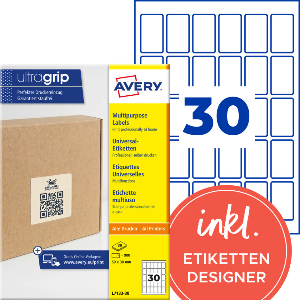Universaletiketten für QR-Code, 50 x 30 mm, permanent, Papier, 900 Stück, weiß AVERY ZWECKFORM L7133-30 AVERY ZWECKFORM L7133-30 permanent