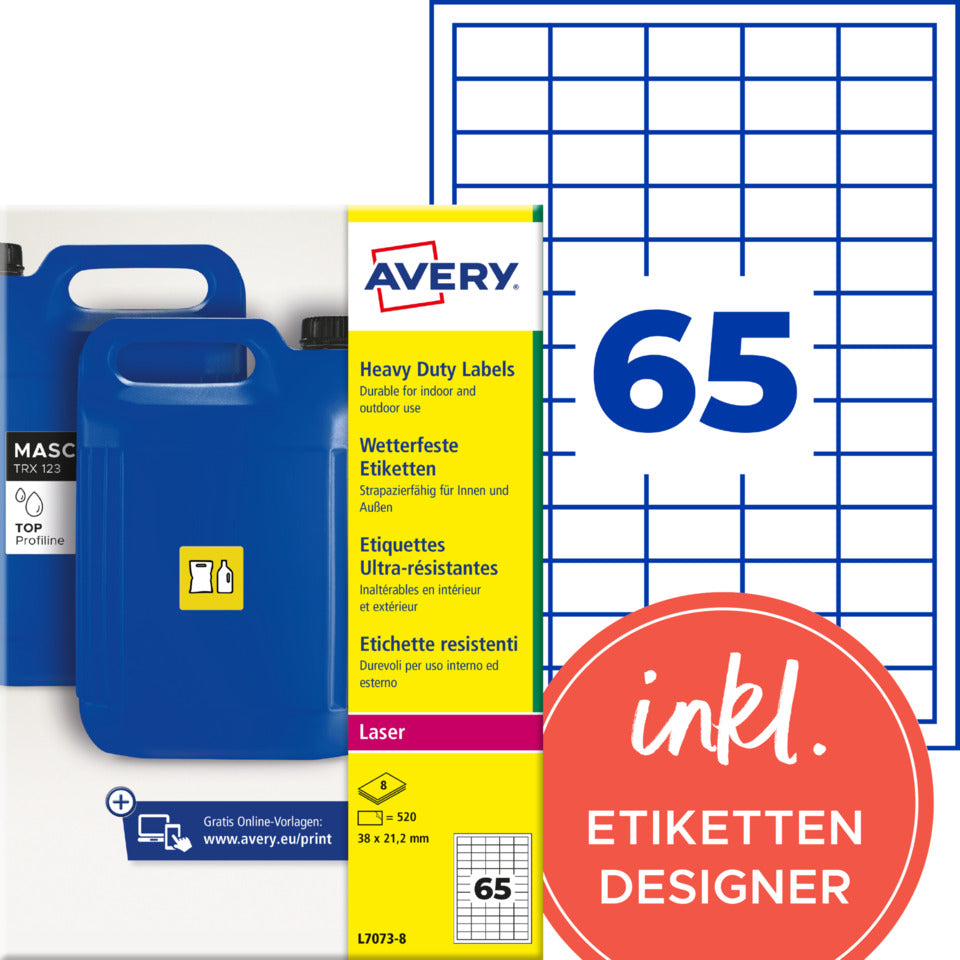 Universaletiketten, 35,6 x 16,9 mm, PPWR, permanent, 520 Stück, weiß AVERY ZWECKFORM L7073-8 AVERY ZWECKFORM L7073-8 permanent