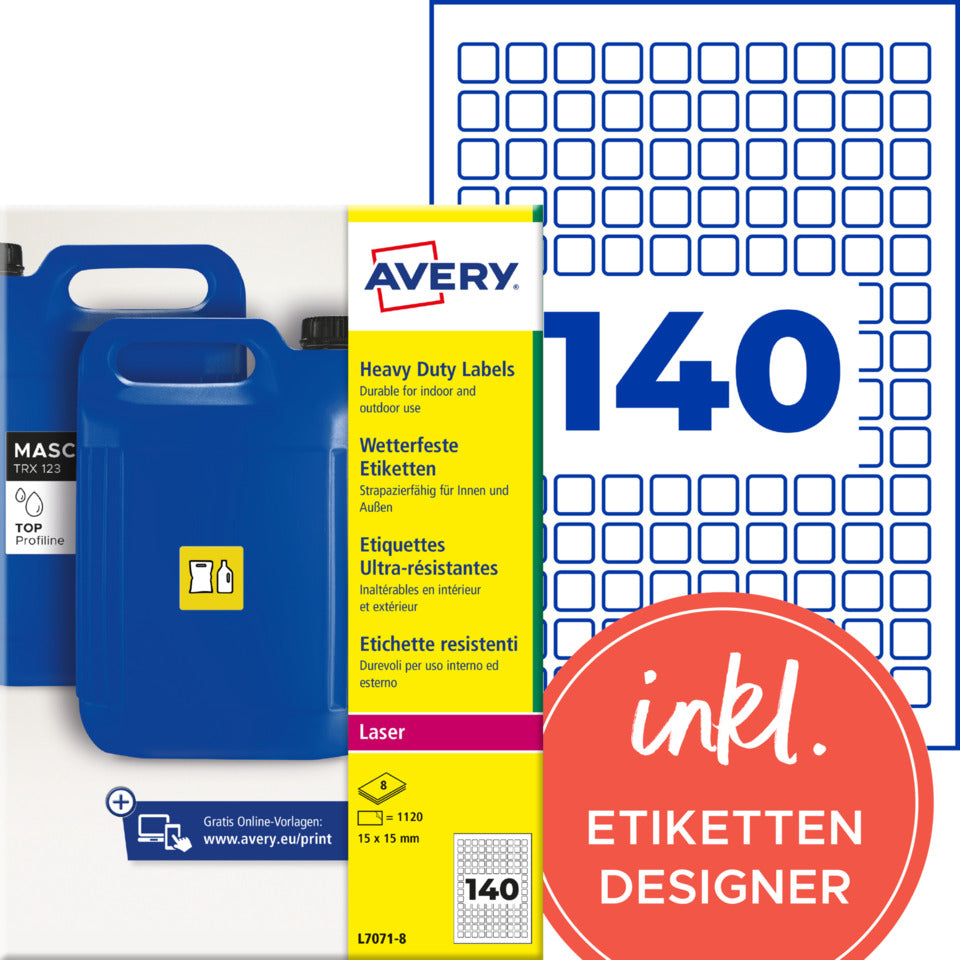 Universaletiketten, 15 x 15 mm, PPWR, permanent, Polyester, 1.120 Stück, weiß AVERY ZWECKFORM L7071-8 AVERY ZWECKFORM L7071-8 permanent