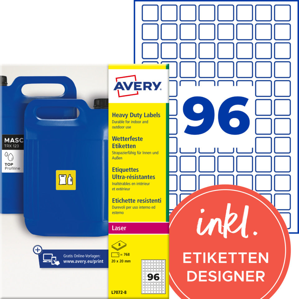 Universaletiketten, 20 x 20 mm, permanent, Polyester, 768 Stück, weiß AVERY ZWECKFORM L7072-8 AVERY ZWECKFORM L7072-8 permanent