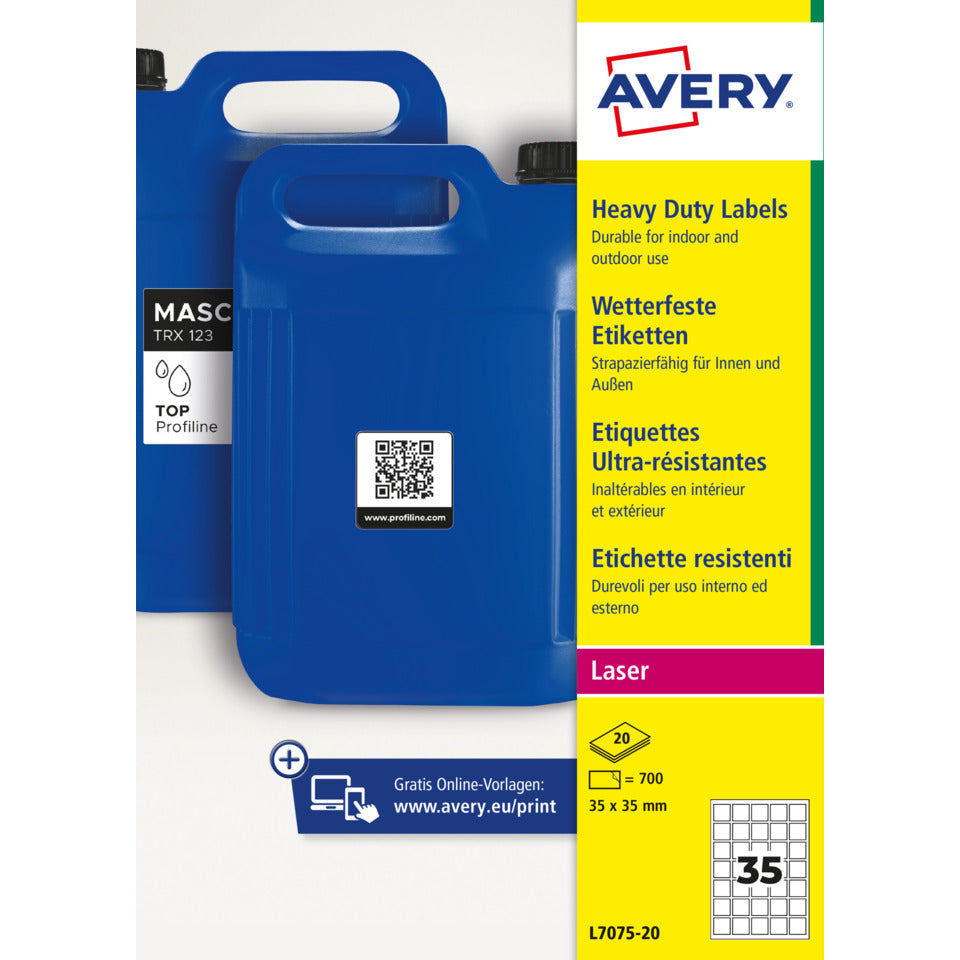 Universaletiketten für QR-Code, 35 x 35 mm, permanent, Polyester, 700 Stück, weiß AVERY ZWECKFORM L7075-20 AVERY ZWECKFORM L7075-20 permanent