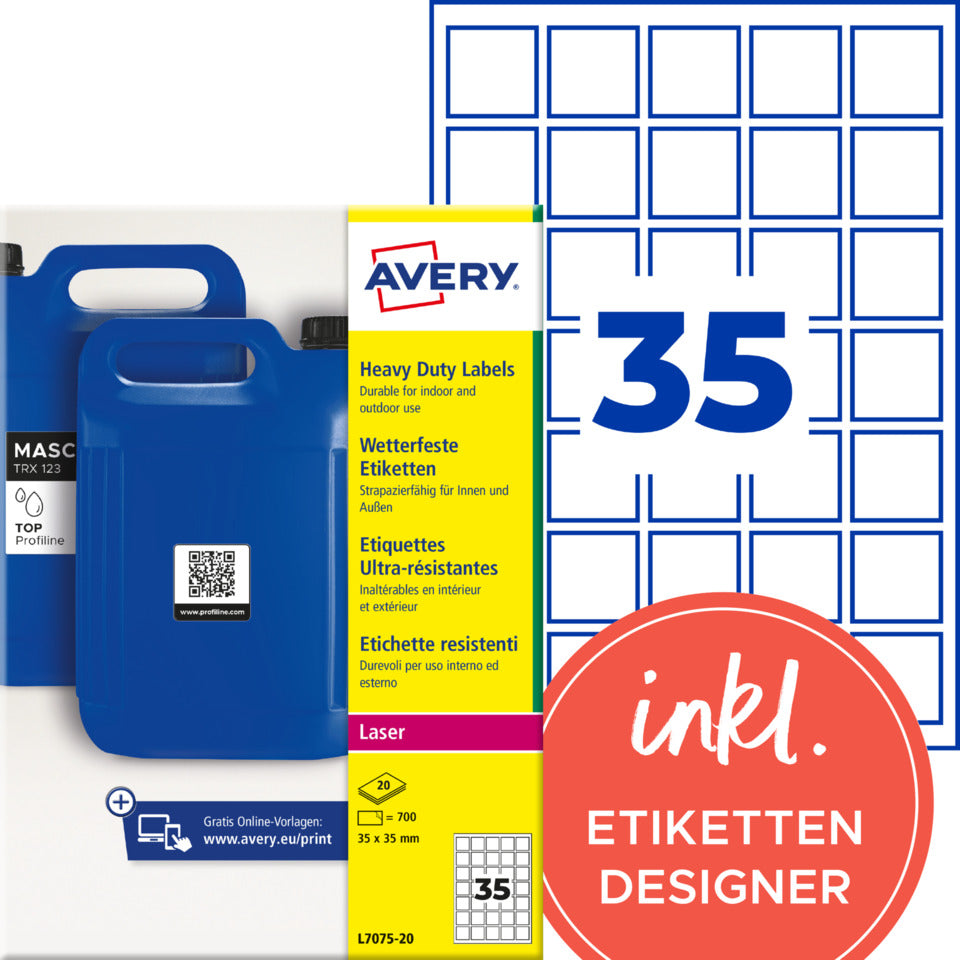 Universaletiketten für QR-Code, 35 x 35 mm, permanent, Polyester, 700 Stück, weiß AVERY ZWECKFORM L7075-20 AVERY ZWECKFORM L7075-20 permanent
