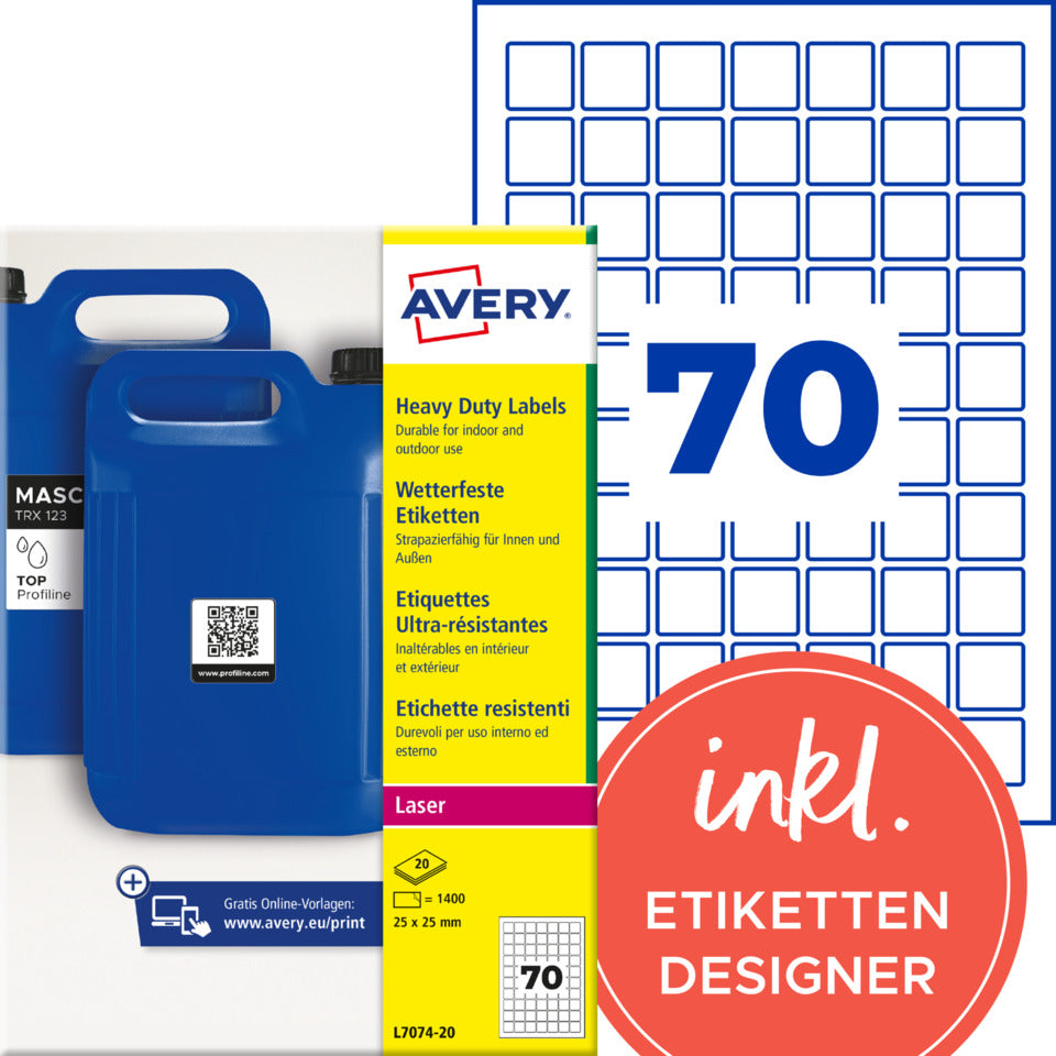 Universaletiketten für QR-Code, 25 x 25 mm, permanent, Polyester, 1.400 Stück, weiß AVERY ZWECKFORM L7074-20 AVERY ZWECKFORM L7074-20 permanent