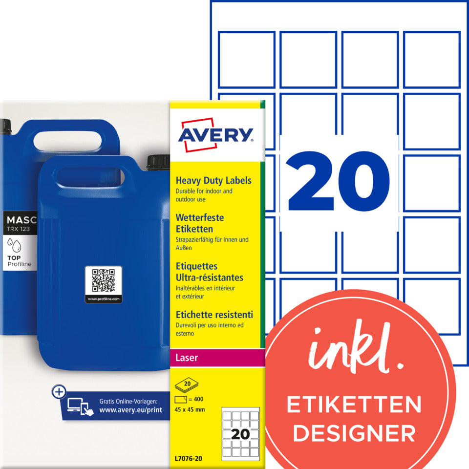 Universaletiketten für QR-Code, 45 x 45 mm, permanent, Polyester, 400 Stück, weiß AVERY ZWECKFORM L7076-20 AVERY ZWECKFORM L7076-20 permanent