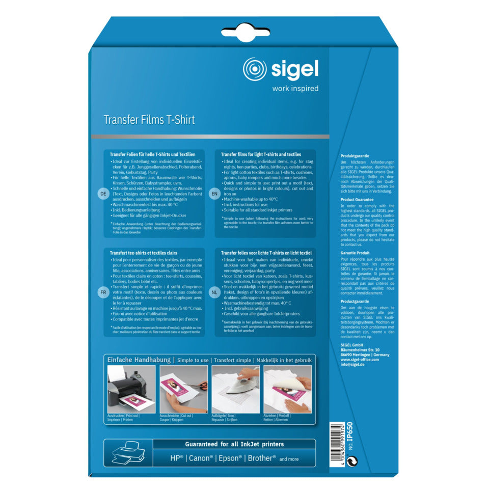 Bügelfolie Inkjet für helle Textilien, A4, 110g/m², 3 Blatt SIGEL IP650 SIGEL IP650 f. helle Textilien