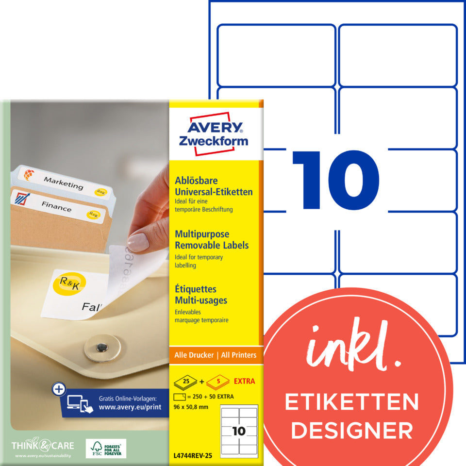 Universaletiketten ablösbar, 96x50,8mm, 250 Stück, weiß AVERY ZWECKFORM L4744REV-25 ZWECKFORM L4744REV-25 250ST