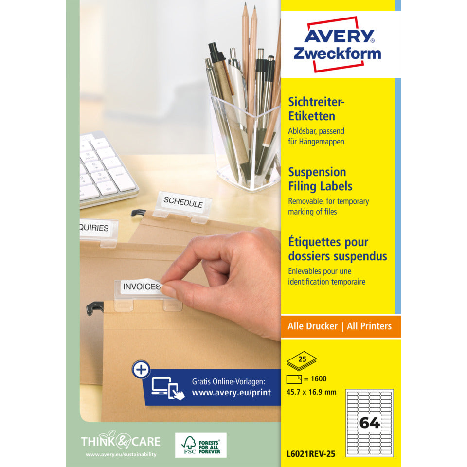 Sichtreiter-Etiketten, 45,7x16,9mm, 1600 Stück, weiß AVERY ZWECKFORM L6021REV-25 ZWECKFORM L6021REV-25 1600ST