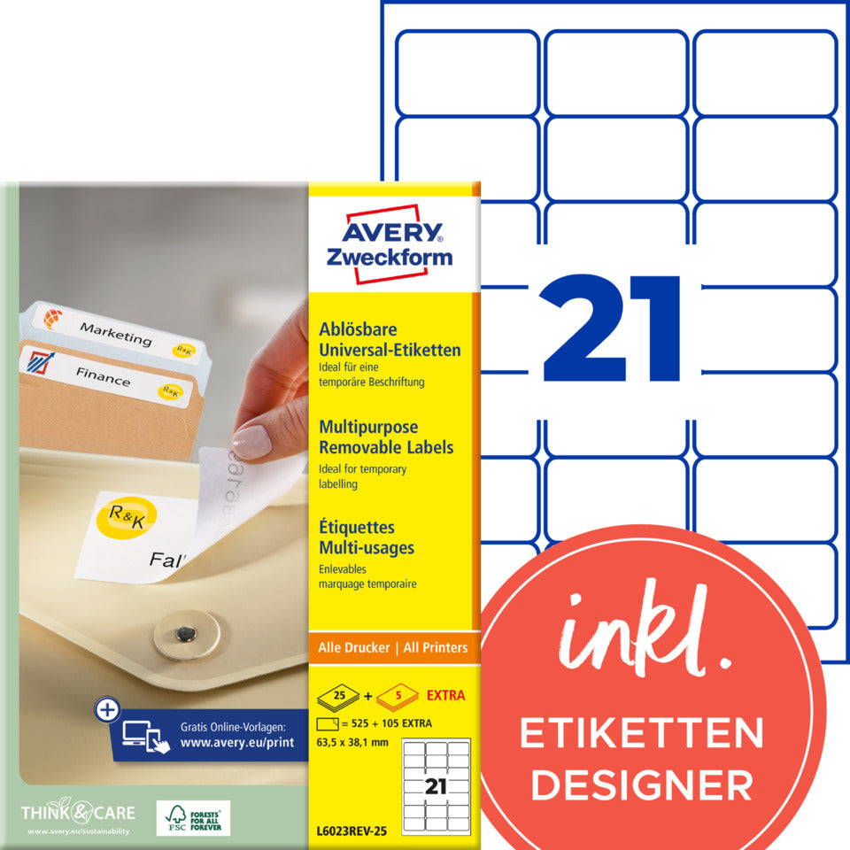 Universaletiketten ablösbar, 63,5x38,1mm, 525 Stück, weiß AVERY ZWECKFORM L6023REV-25 ZWECKFORM L6023REV-25 525ST