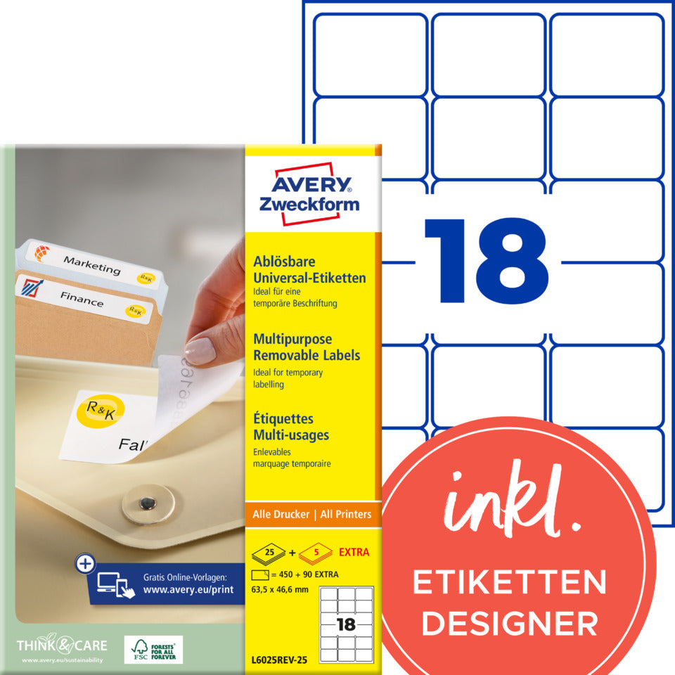 Universaletiketten ablösbar, 63,5x46,6mm, 540 Stück, weiß AVERY ZWECKFORM L6025REV-25 ZWECKFORM L6025REV-25 450ST
