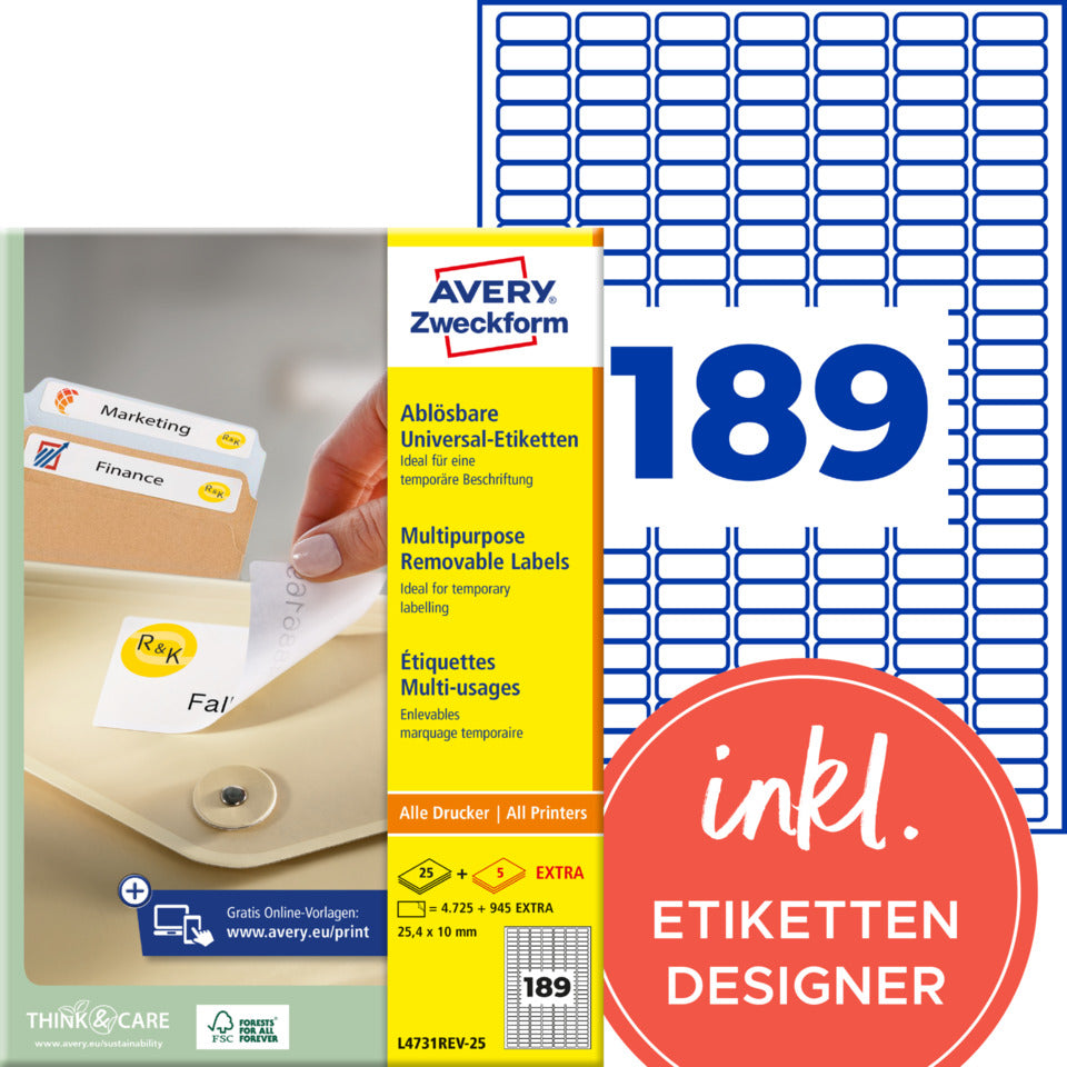 Universaletiketten ablösbar, 25,4x10mm, 5670 Stück, weiß AVERY ZWECKFORM L4731REV-25 ZWECKFORM L4731REV-25 weiß