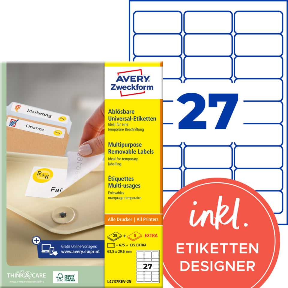 Universaletiketten ablösbar, 63,5x29,6mm, 810 Stück, weiß AVERY ZWECKFORM L4737REV-25 ZWECKFORM L4737REV-25 weiß