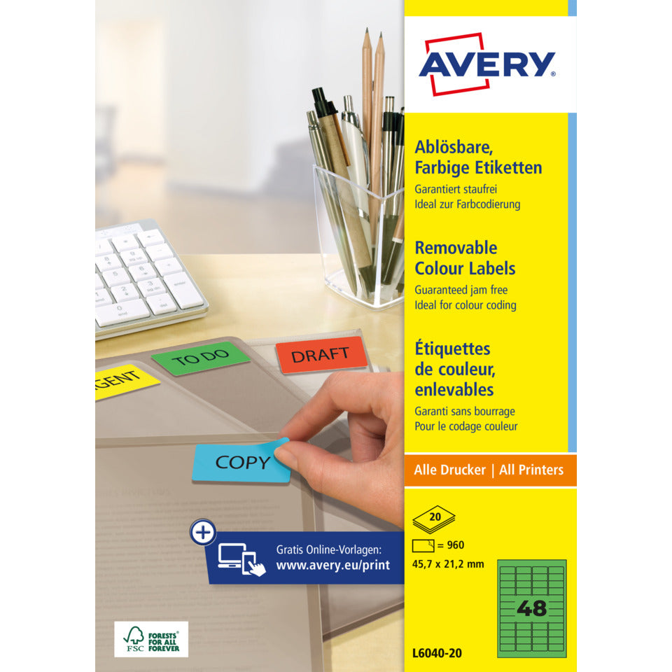 Farbige Etiketten ablösbar, 45,7x21,2mm, 960 Stück, grün AVERY ZWECKFORM L6040-20