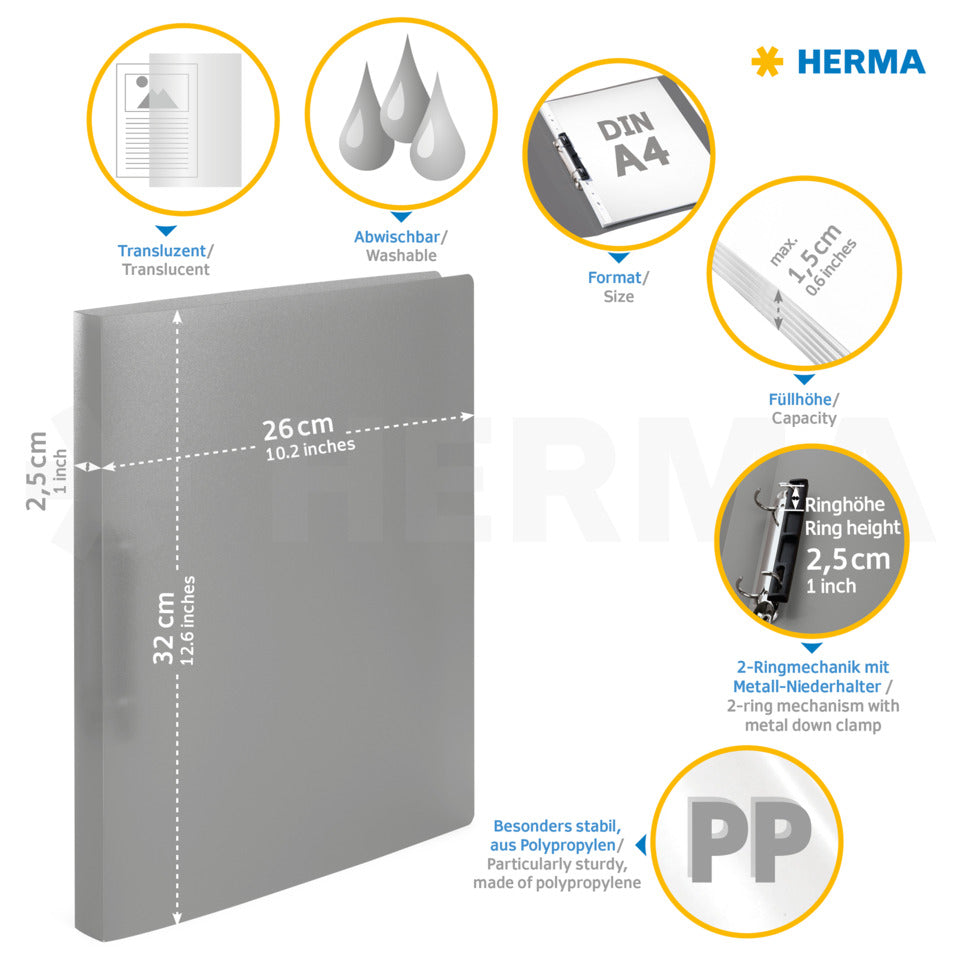 Ringbuch, A4, 2-D-Ring, 25mm, transluzent grau HERMA 19184 HERMA 19184 2-D-Ring-Mechanik 25mm