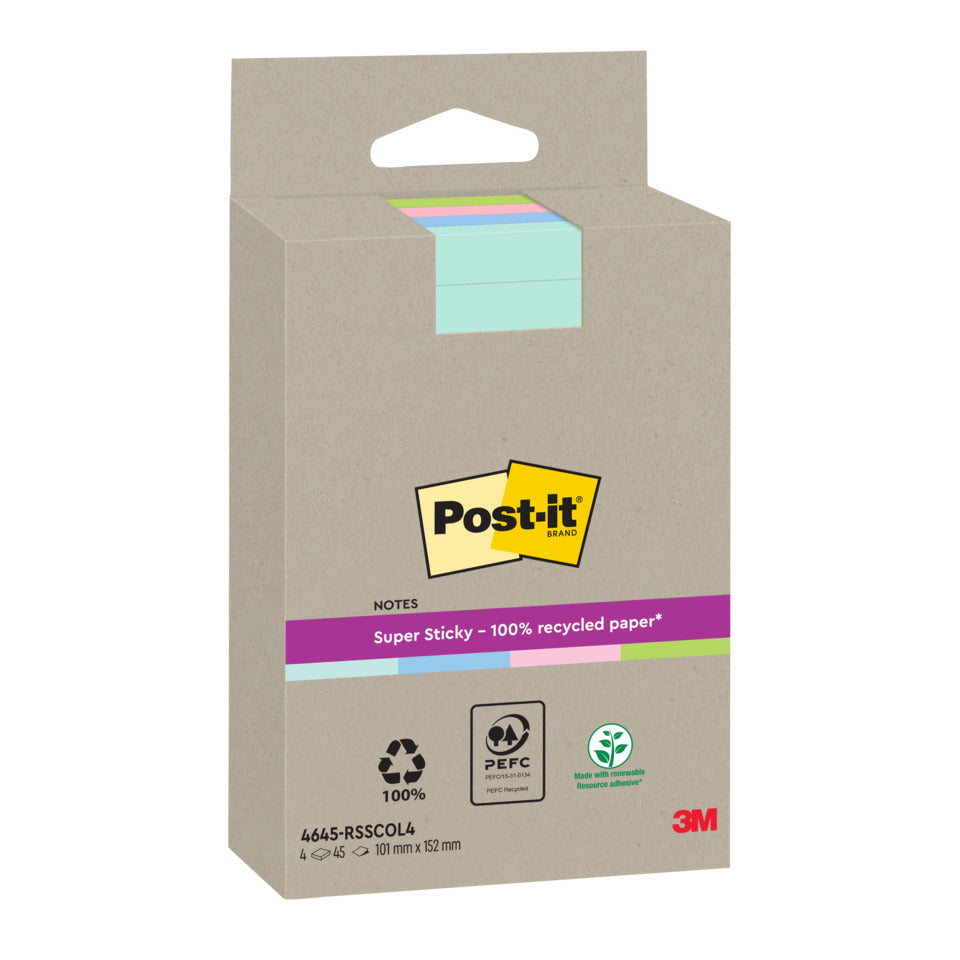 Haftnotizblock Super Sticky Recycling Notes, 102x152mm, liniert, sortiert, 4x45 Blatt POST-IT 4645-RSSCOL4 POST-IT 4645-RSSCOL4 102x152mm lin SS
