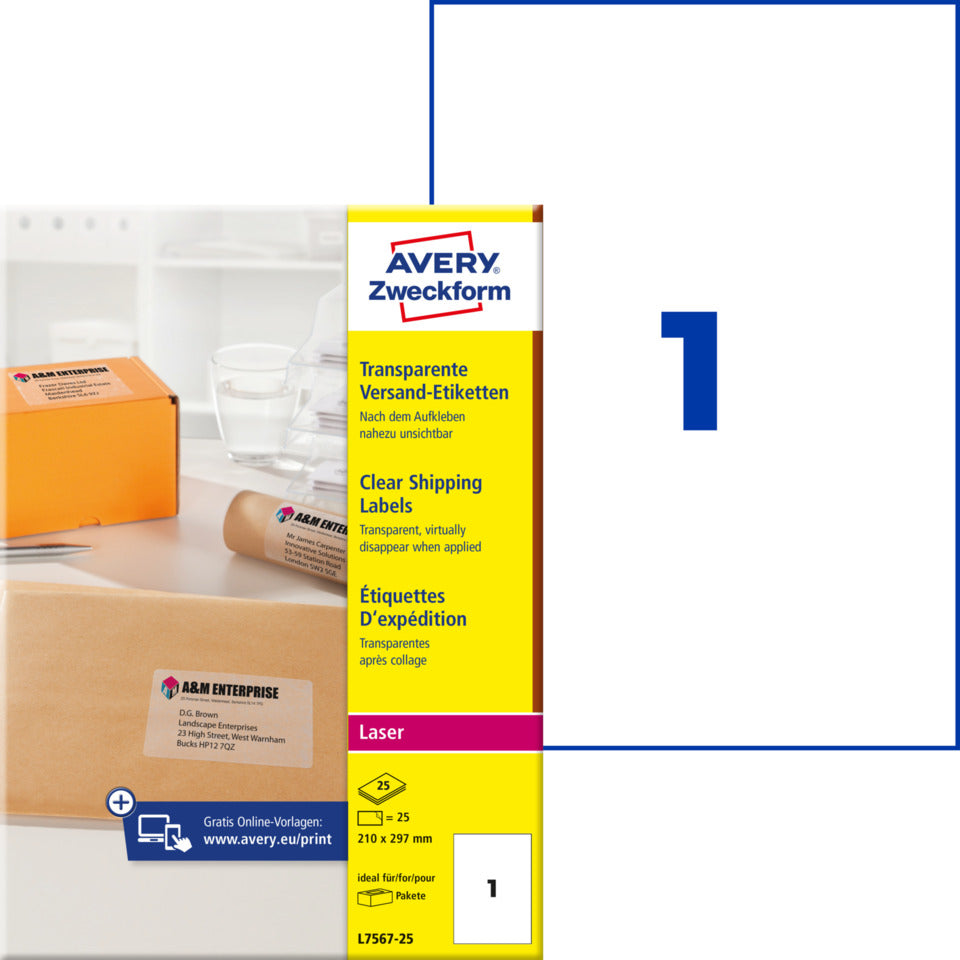 Versandetiketten, 210x297mm, 25 Stück, transparent AVERY ZWECKFORM L7567-25 ZWECKFORM L7567-25 25ST