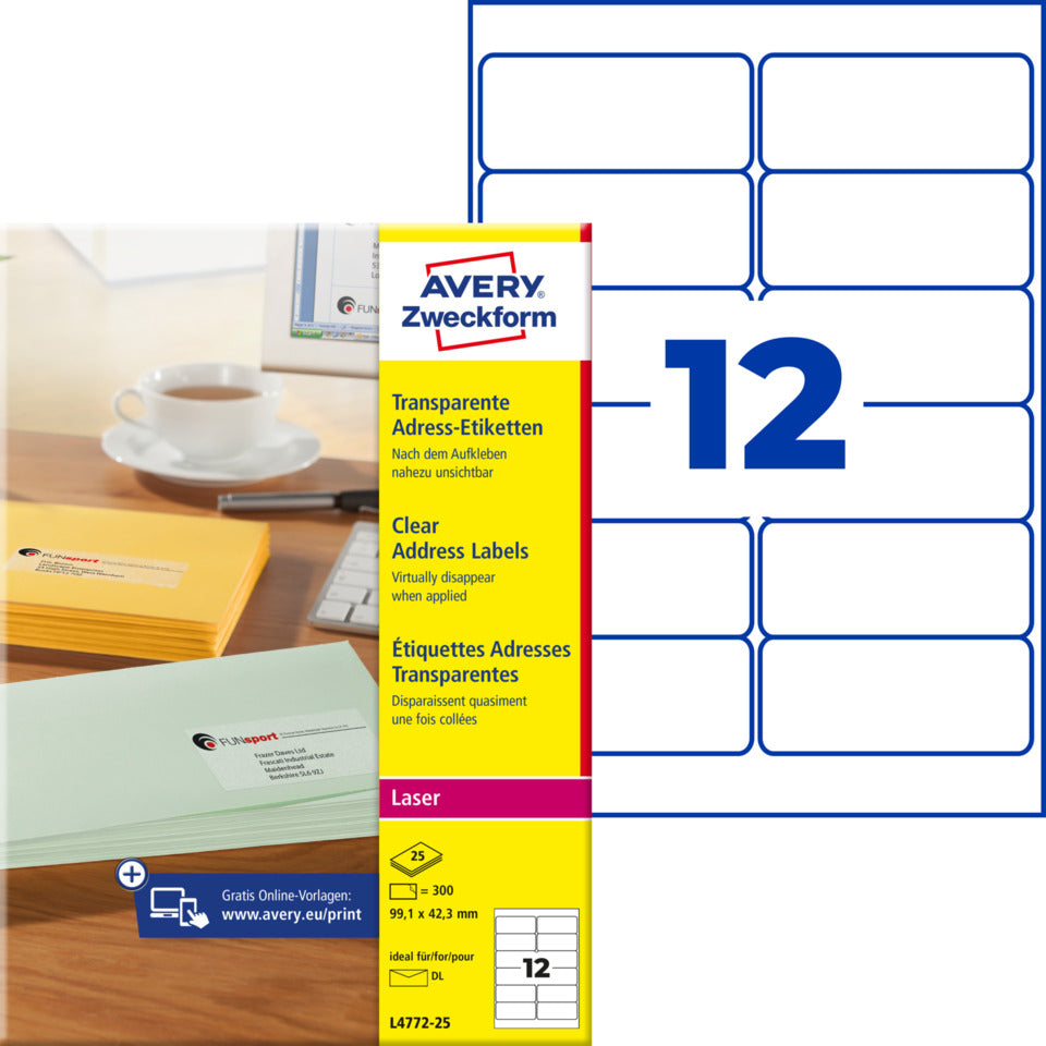 Adress-Etiketten, 99,1 x 42,3 mm, 300 Stück, transparent AVERY ZWECKFORM L4772-25 ZWECKFORM L4772-25  300St