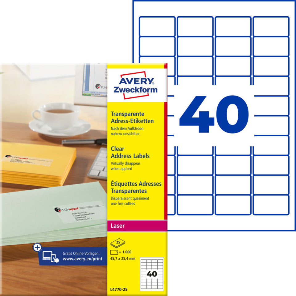 Adress-Etiketten, 45,7x25,4mm, 1000 Stück, transparent AVERY ZWECKFORM L4770-25 ZWECKFORM L4770-25  1000St