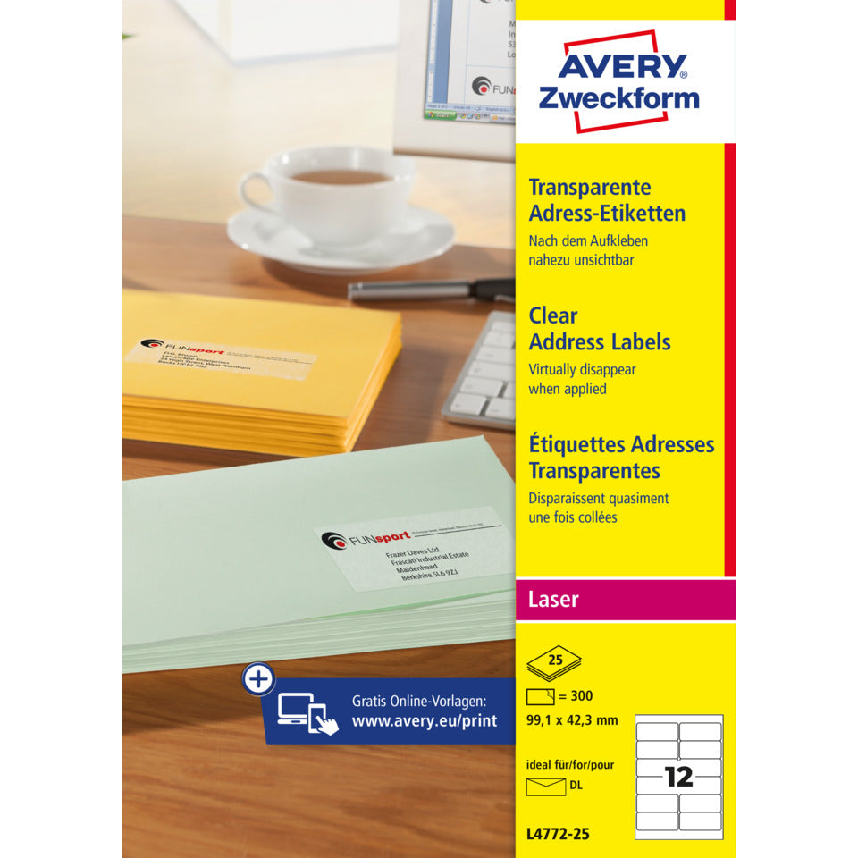 Adress-Etiketten, 99,1 x 42,3 mm, 300 Stück, transparent AVERY ZWECKFORM L4772-25 ZWECKFORM L4772-25  300St