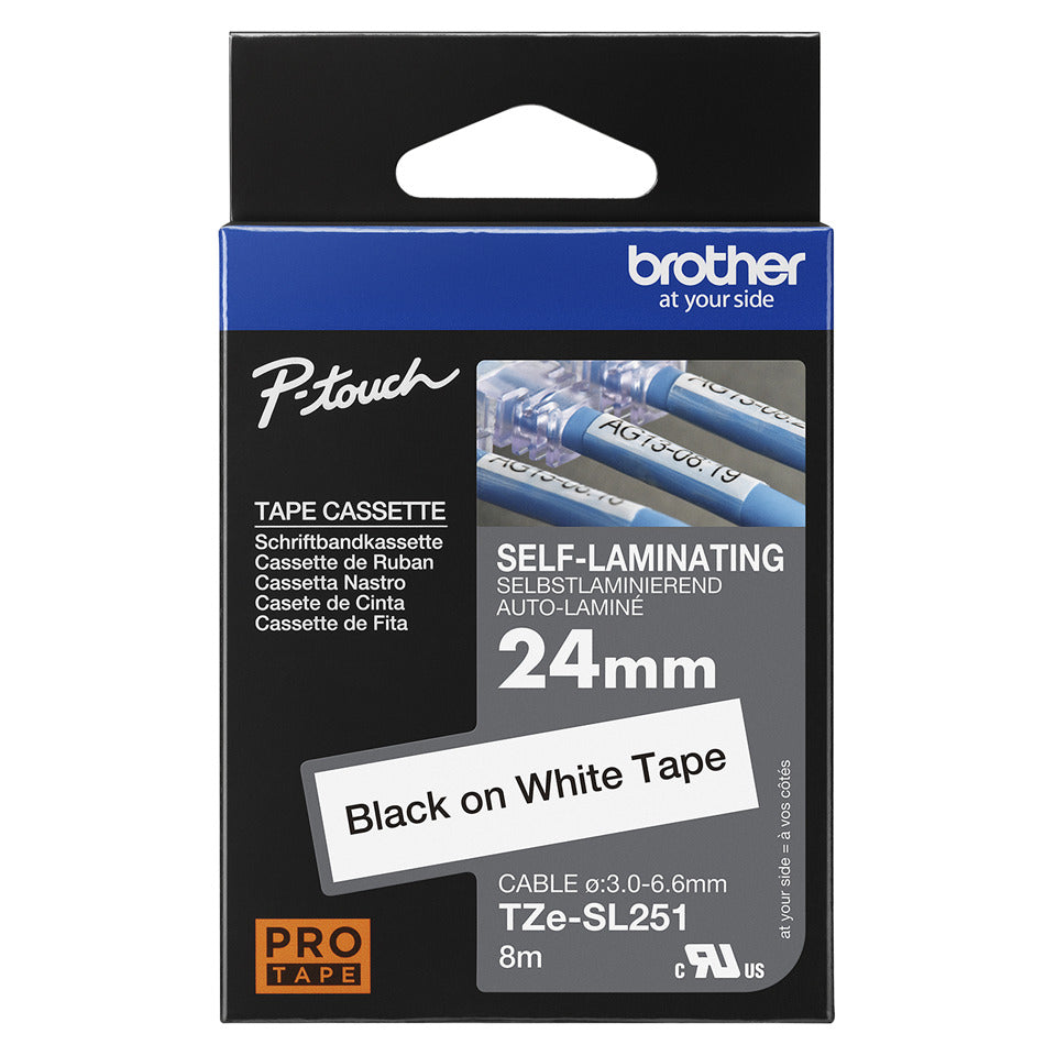 Schriftband selbstlaminiert, 24mmx8m, schwarz/weiß BROTHER TZESL251 BROTHER TZESL251 24mm x 8m